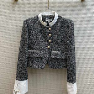 miumiu pearl button design stand collar small jacket